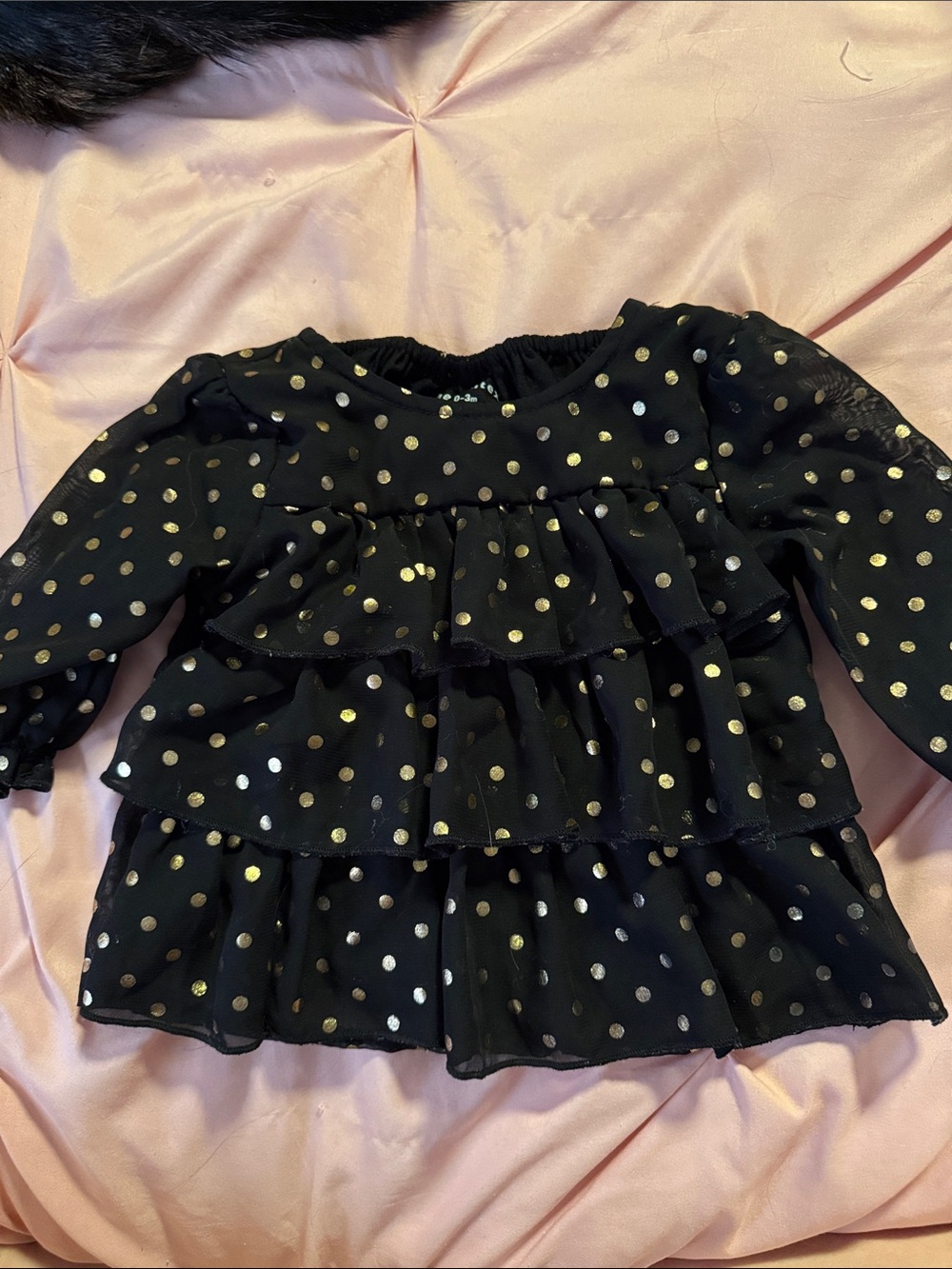 healthtex Black Long-Sleeve Ruffle Top with Gold Polka Dots